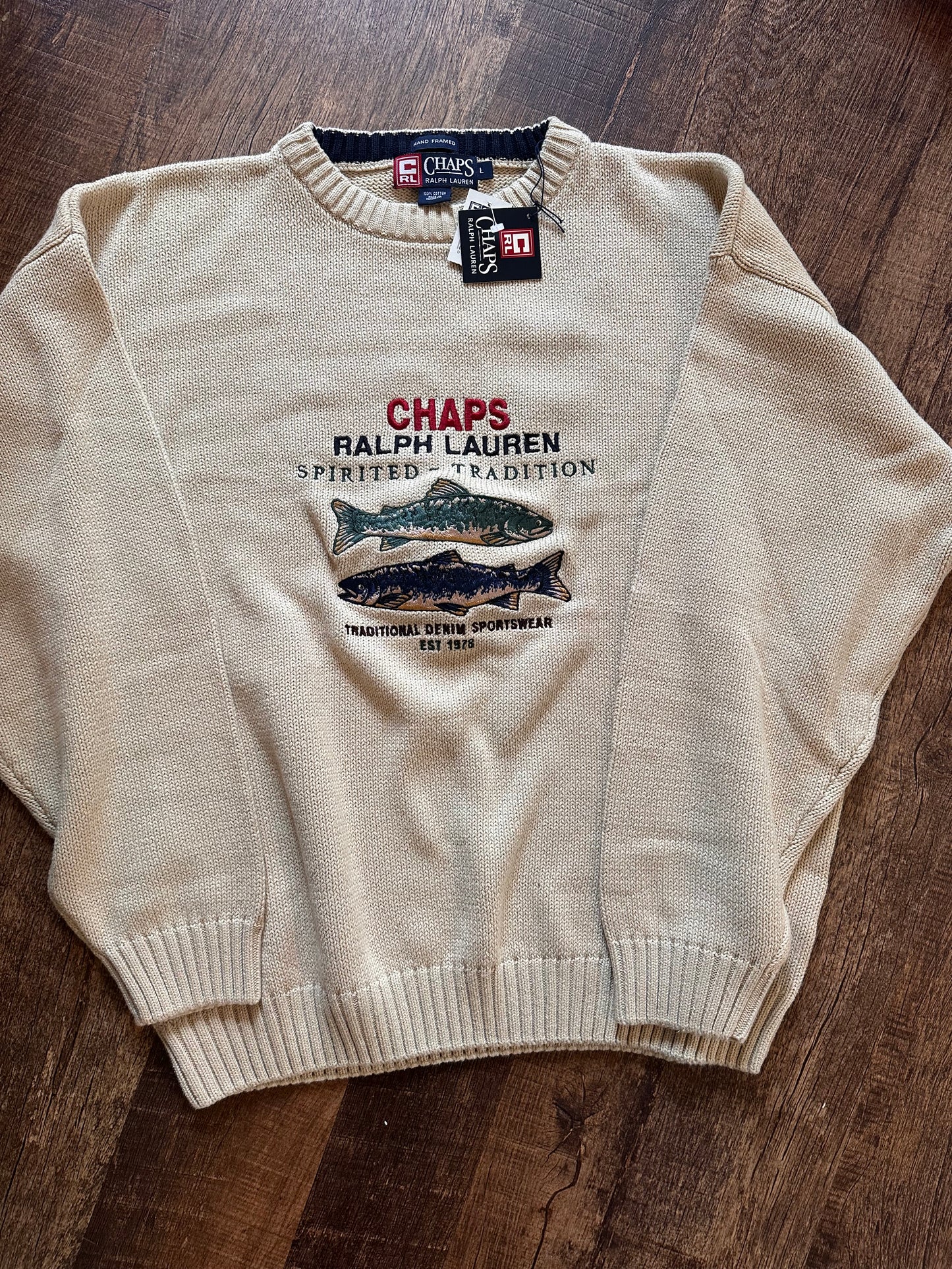 Vintage Chaps RL Sweater (L) Embroidered Logo and Trout - Beige/Cream - NWT