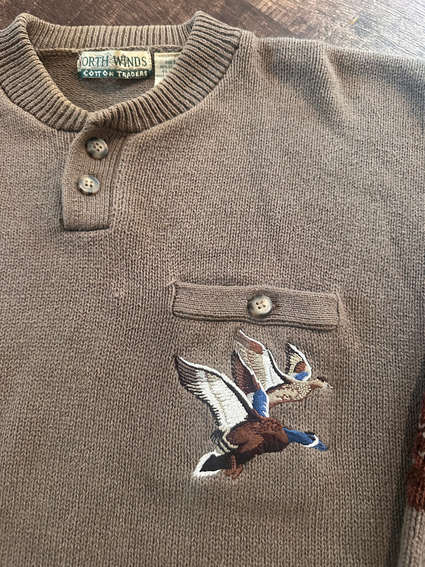 Vintage North Winds Cotton Traders Sweater (L) Embroidered Ducks and Textured Hunt Patches
