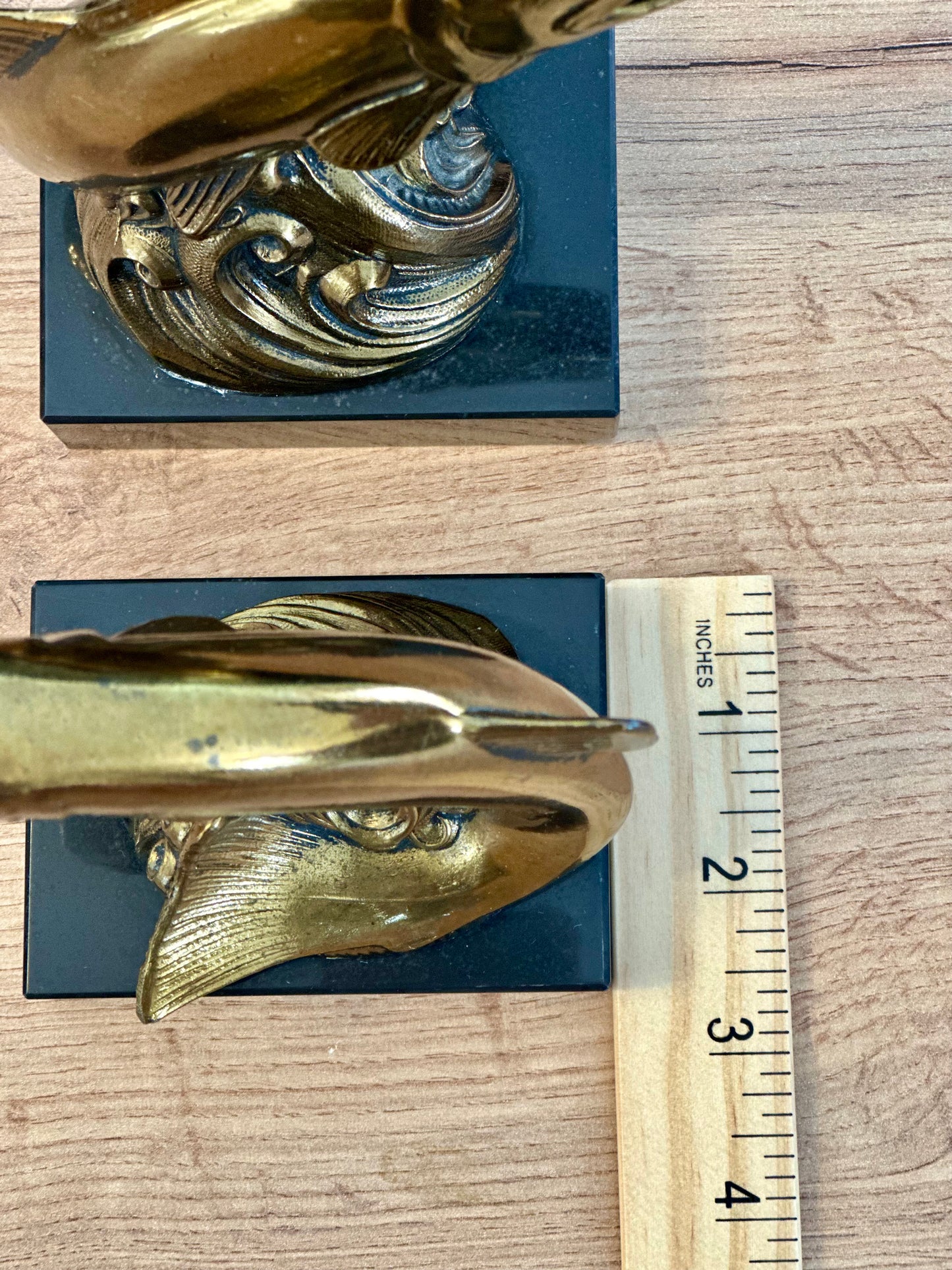 Vintage Metal Gold and Onyx Trout Bookends