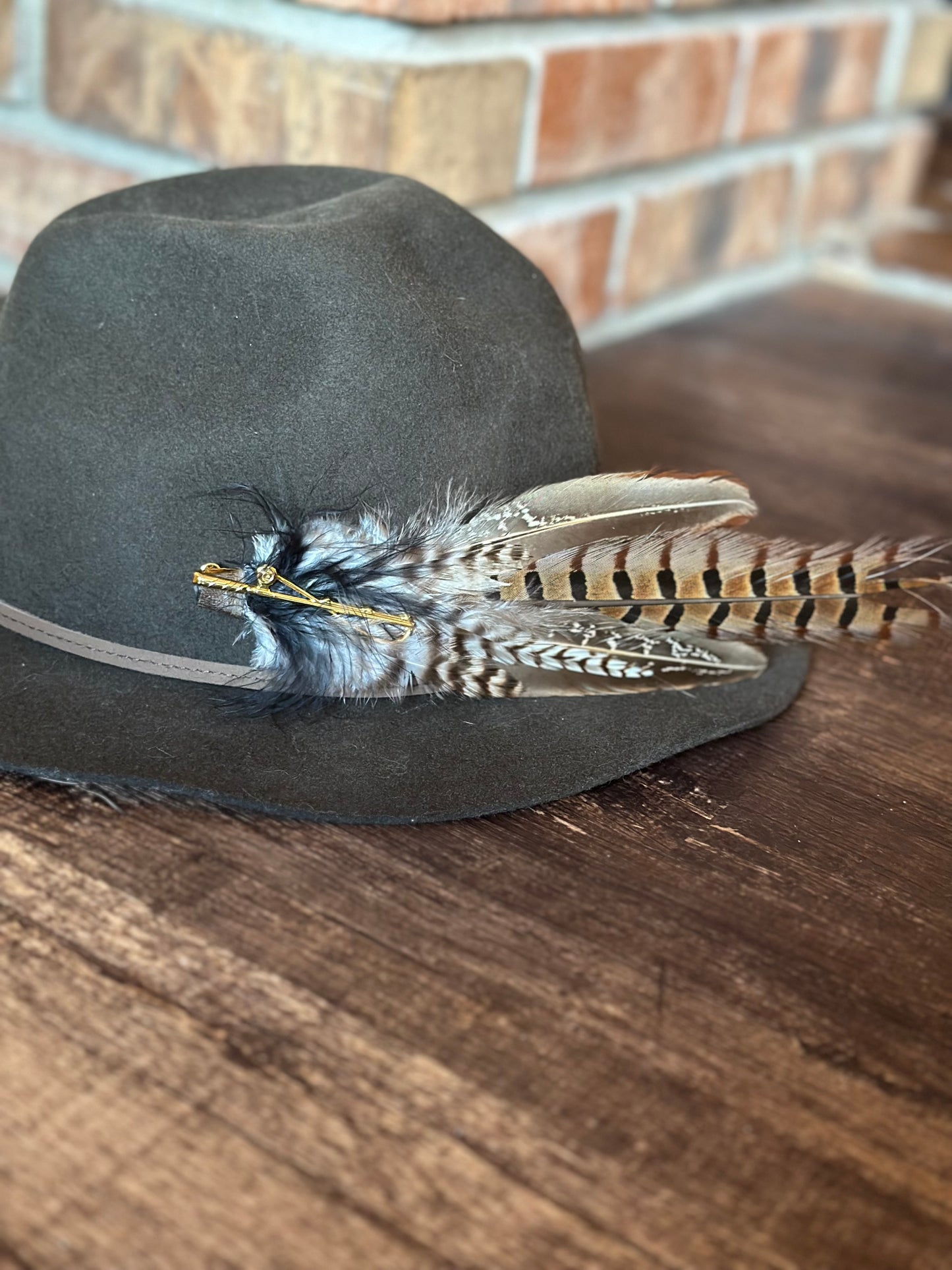 Hand Crafted Game Feathers Hat Pin with Gold Fly Rod Accent