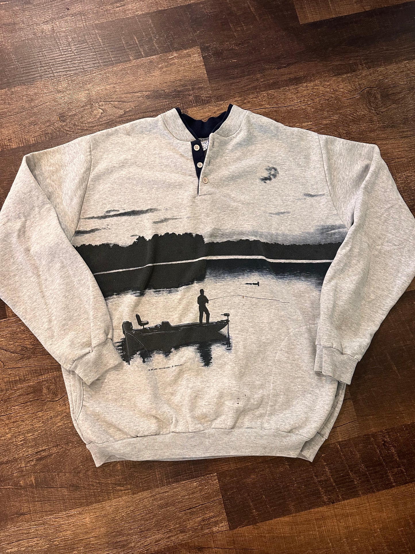 Vintage Art Unlimited Henley Crewneck (XL) Fishing Scene under Moon