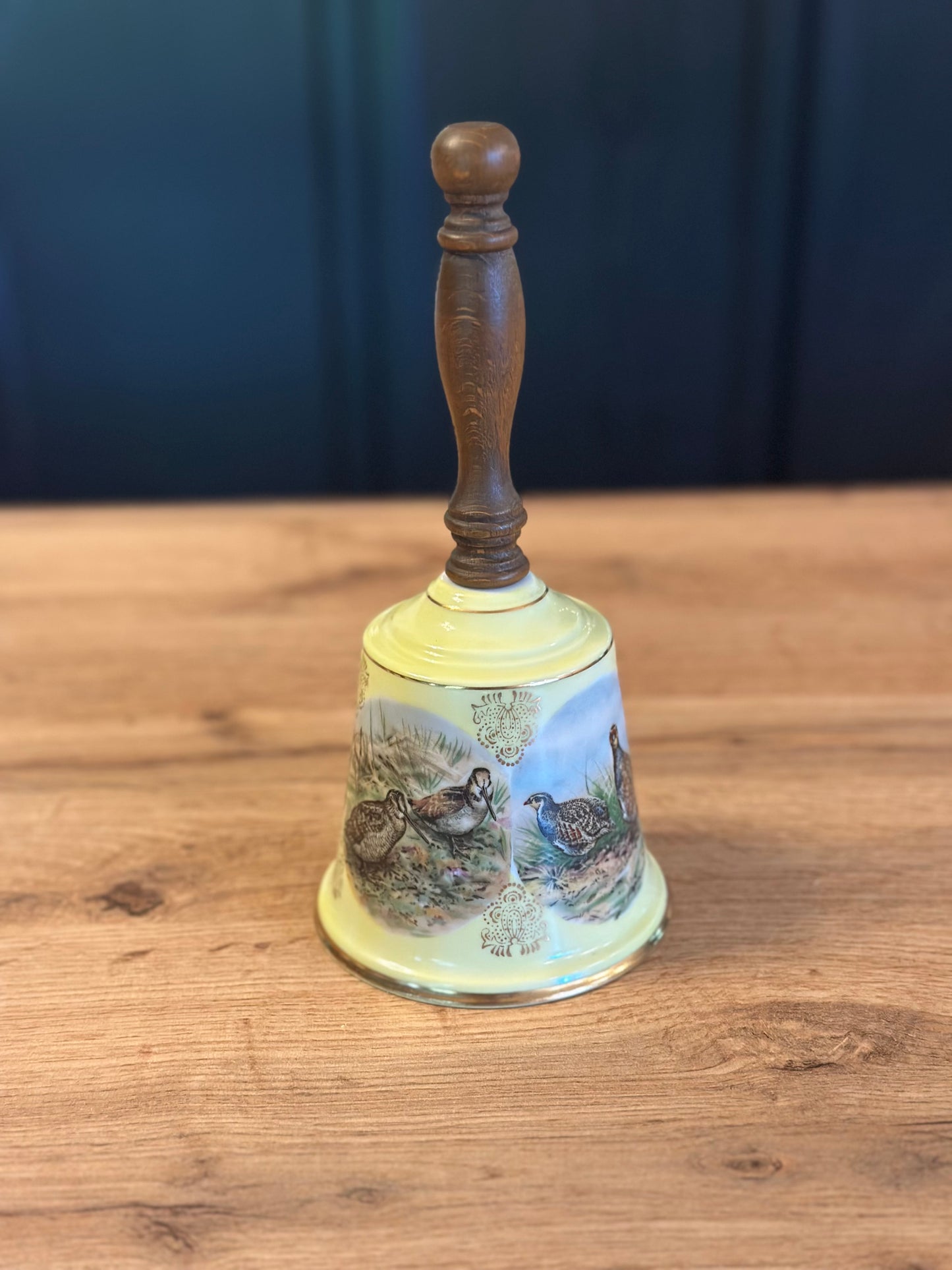 Vintage Porcelain Hand Bell - Game Birds - Yellow