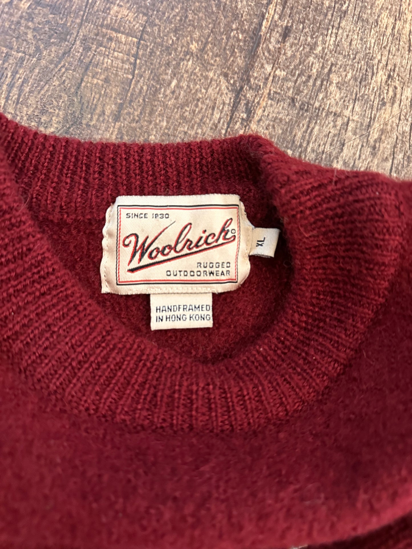 Vintage Woolrich Sweater (XL) Embroidered Fishermen Boat Scene - Maroon (Pure Wool)