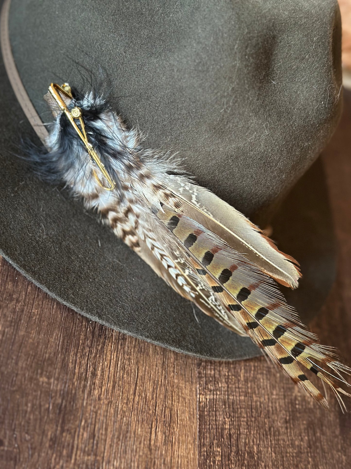 Hand Crafted Game Feathers Hat Pin with Gold Fly Rod Accent