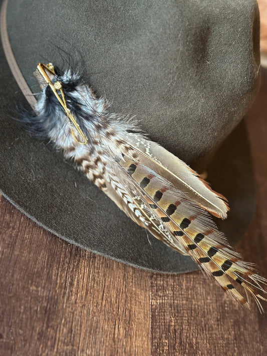 Hand Crafted Game Feathers Hat Pin with Gold Fly Rod Accent
