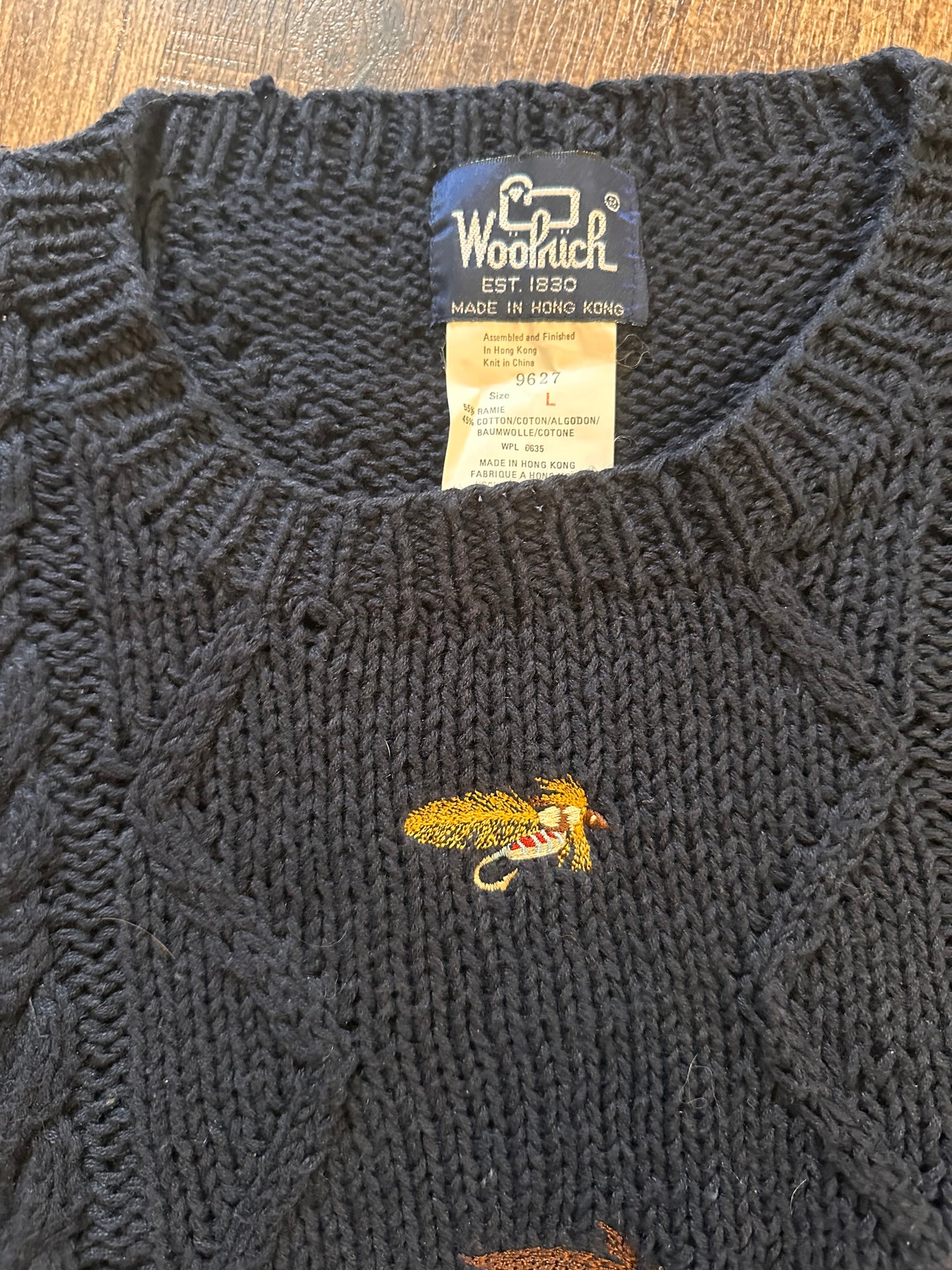Vintage Woolrich Knit Sweater (L) Embroidered Flies - Navy