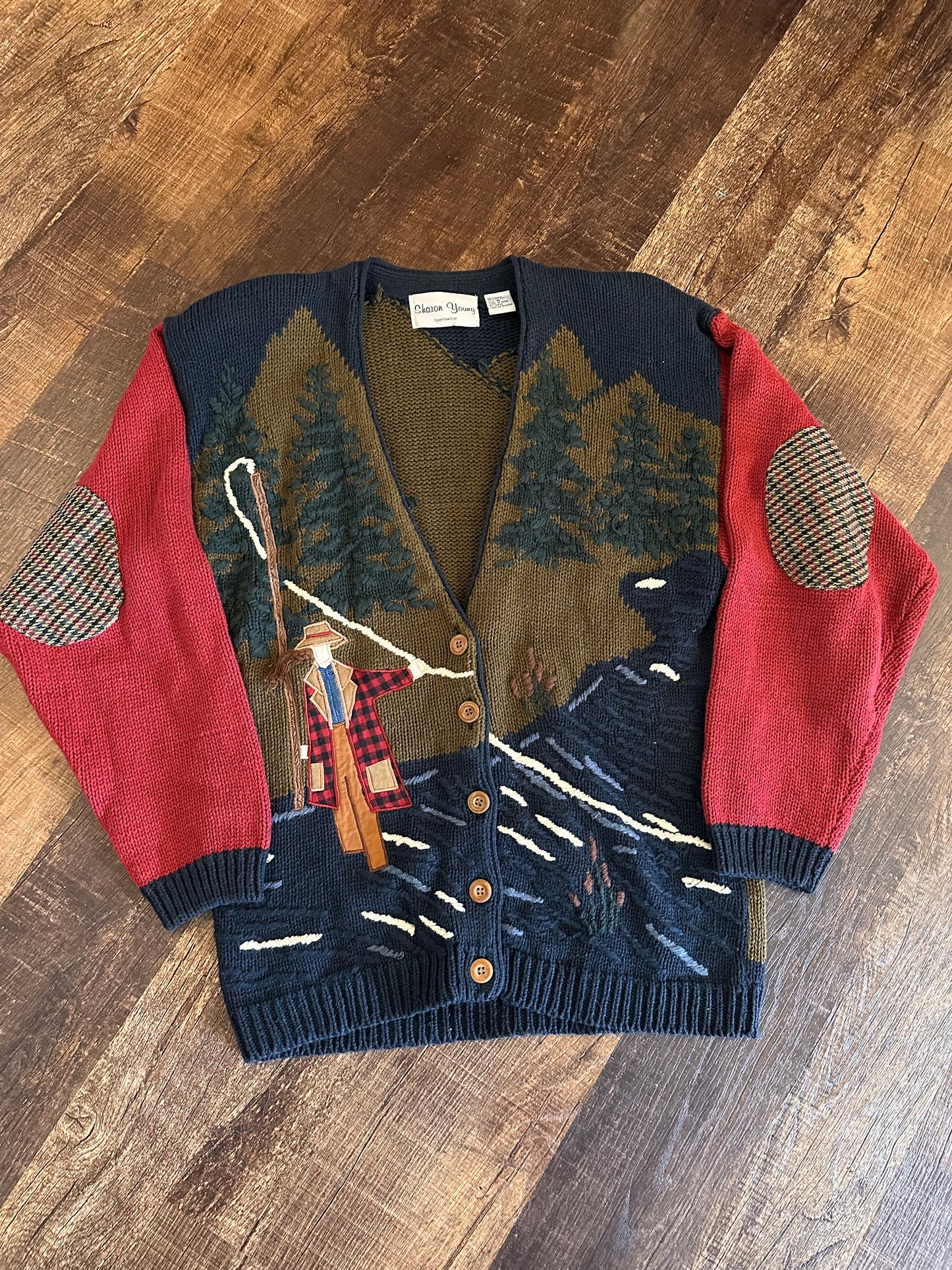 Vintage Sharon Young Knit Cardigan (M) Lady Angler Fishing Scene with Elbow Patches