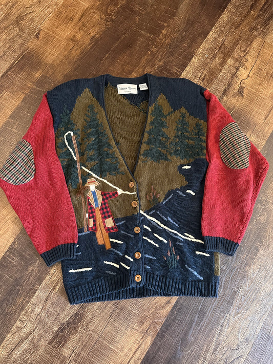 Vintage Sharon Young Knit Cardigan (M) Lady Angler Fishing Scene with Elbow Patches