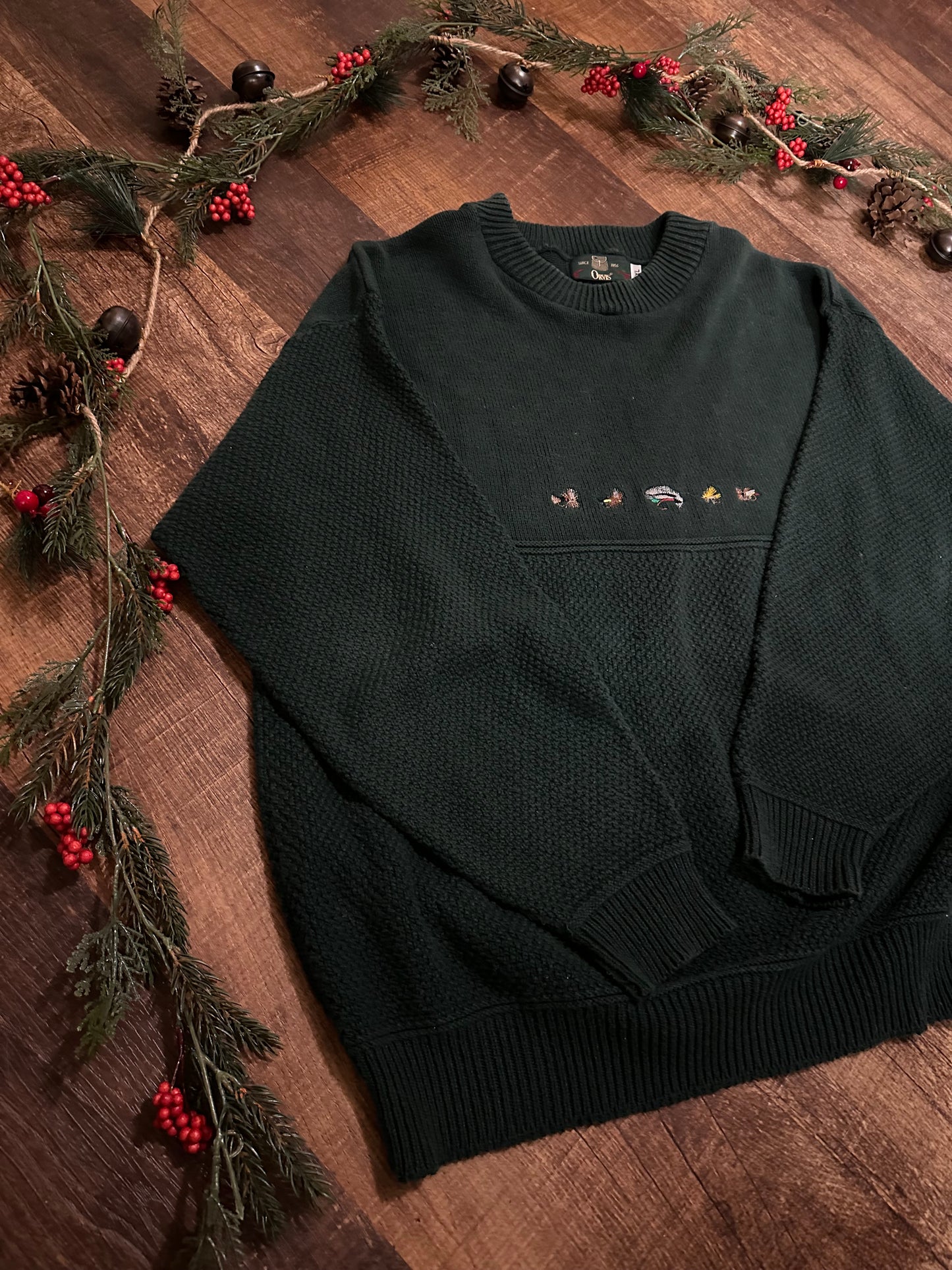 Vintage Orvis Sweater (XL) Embroidered Fly Lures - Forest Green