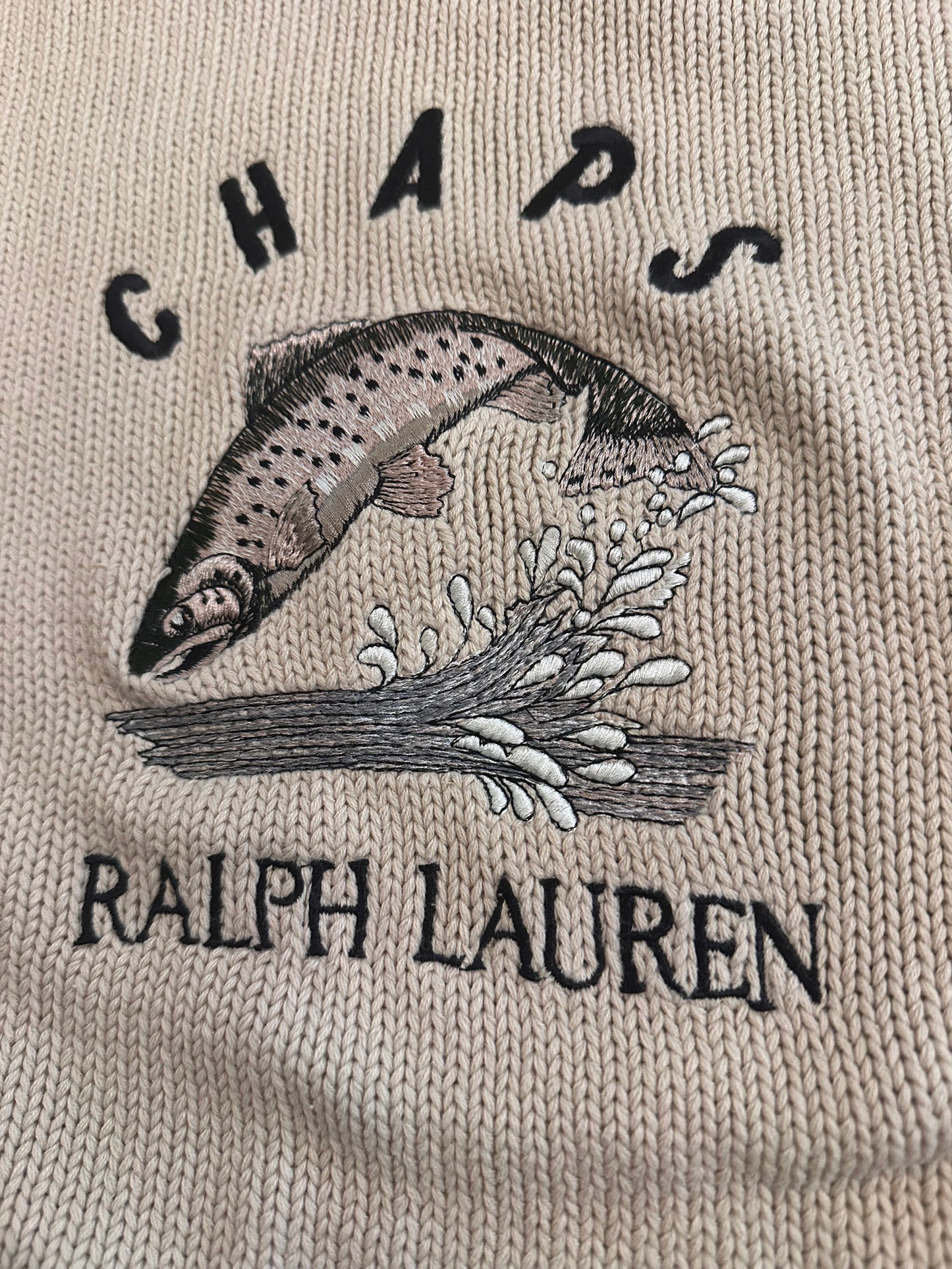 VTG Chaps RL Sweater (M) Embroidered Trout - Cream/Gray