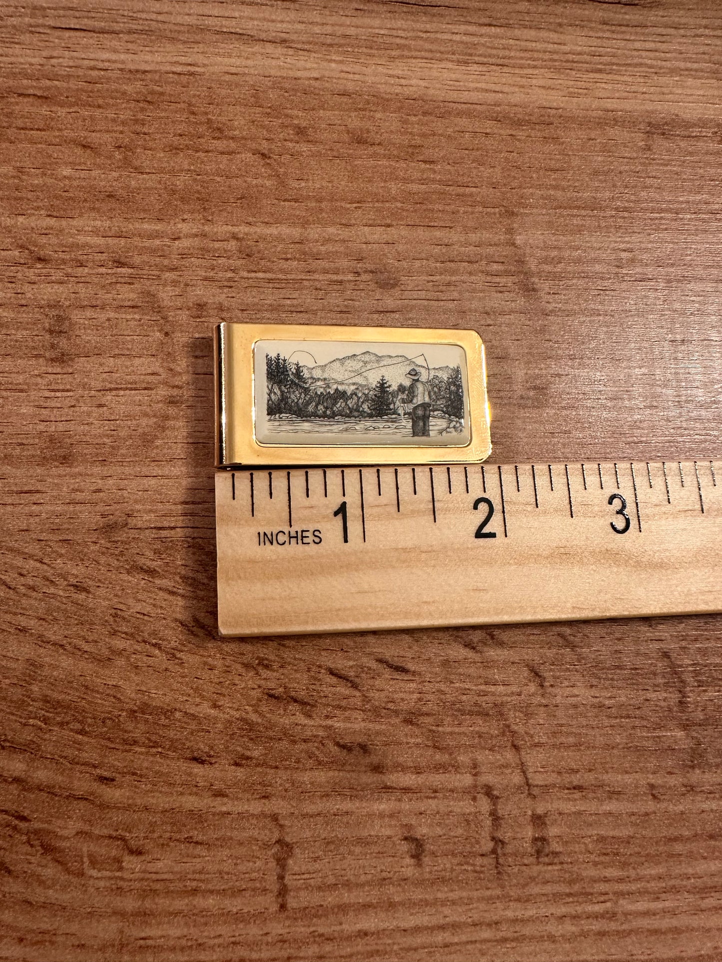 Vintage Barlow Money Clip - Fly Fishing Scene in Gold