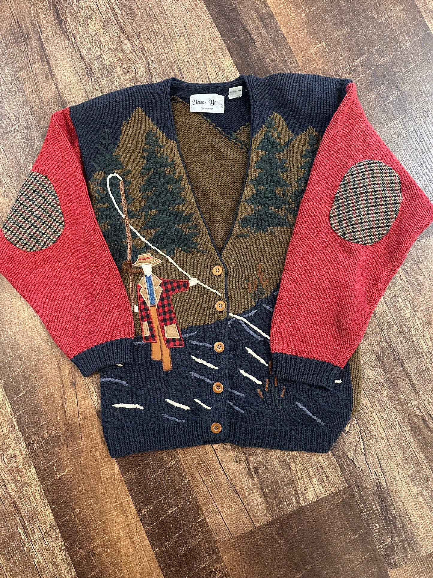 Vintage Sharon Young Knit Sweater (M) Lady Angler Fishing Scene with Elbow Patches