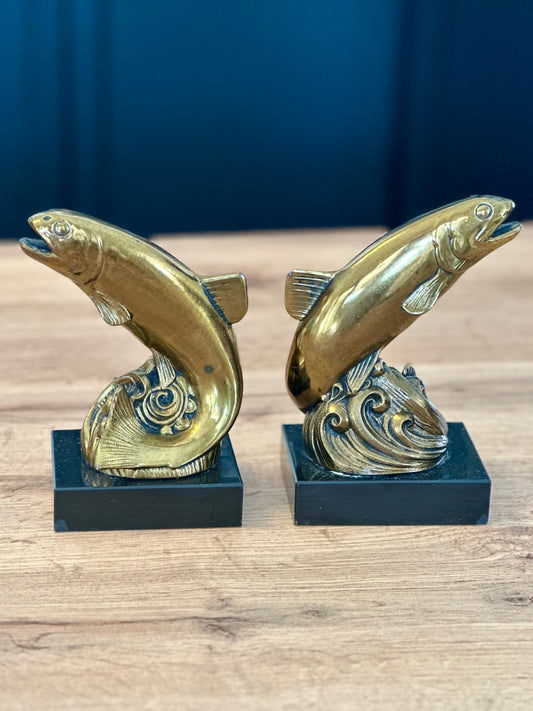 Vintage Metal Gold and Onyx Trout Bookends
