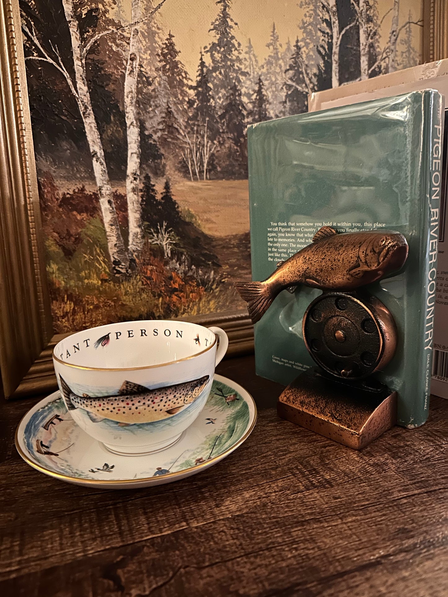 Rare Vintage Royal Worcester Cup and Saucer “To A Very Important Person” Trout and Fly Fishing Scenes