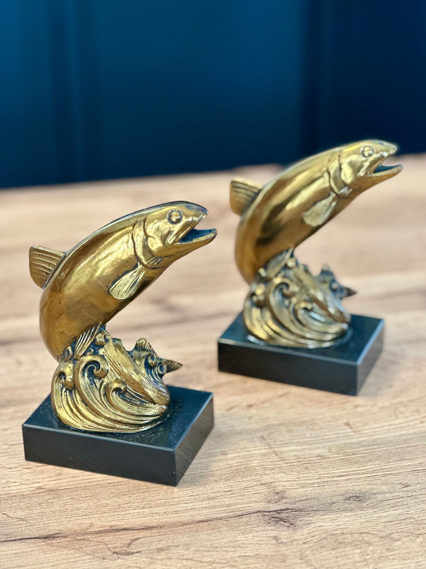 Vintage Metal Gold and Onyx Trout Bookends