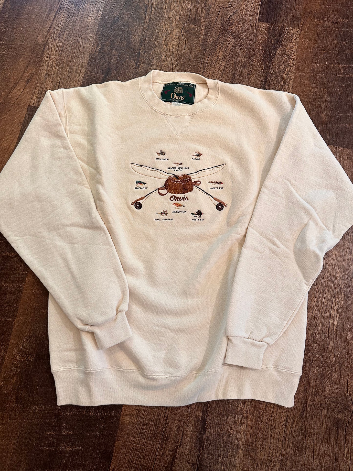 Vintage Orvis Crewneck (L) Embroidered Creel and Flies - Cream / Off white