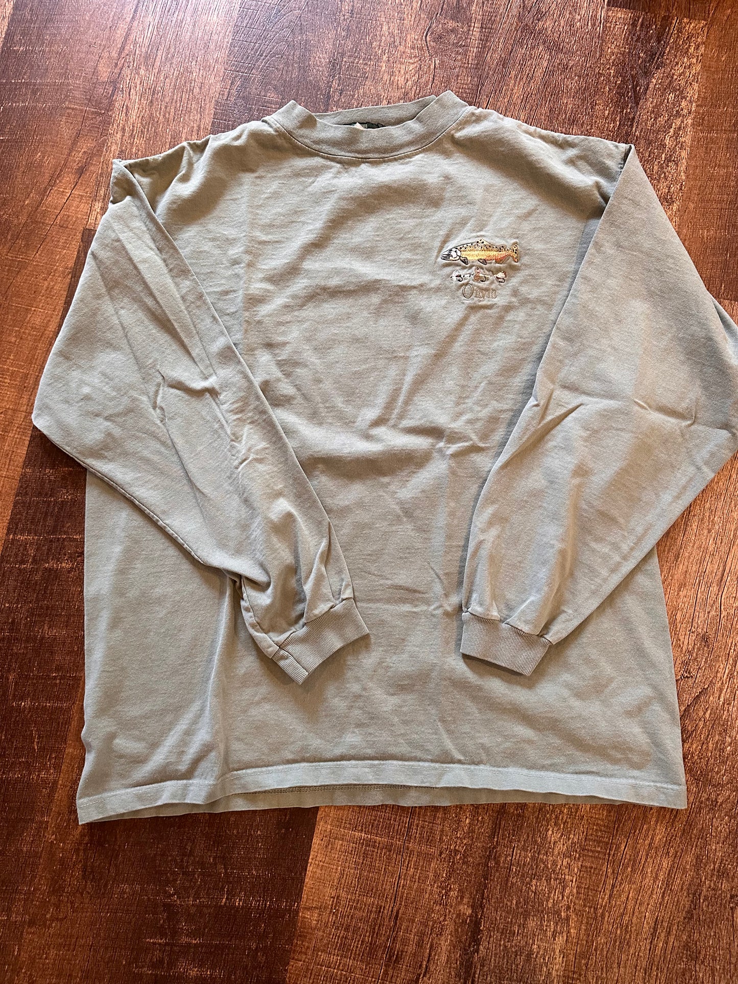 Vintage Orvis Long Sleeve (L) Embroidered Trout & Flies Logo - Sage