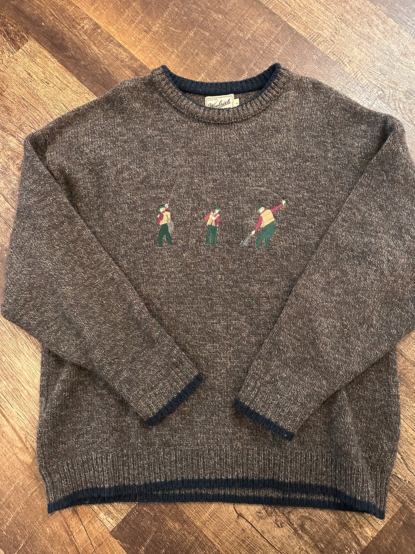 Vintage Woolrich Sweater (L) Embroidered Fly Fishermen