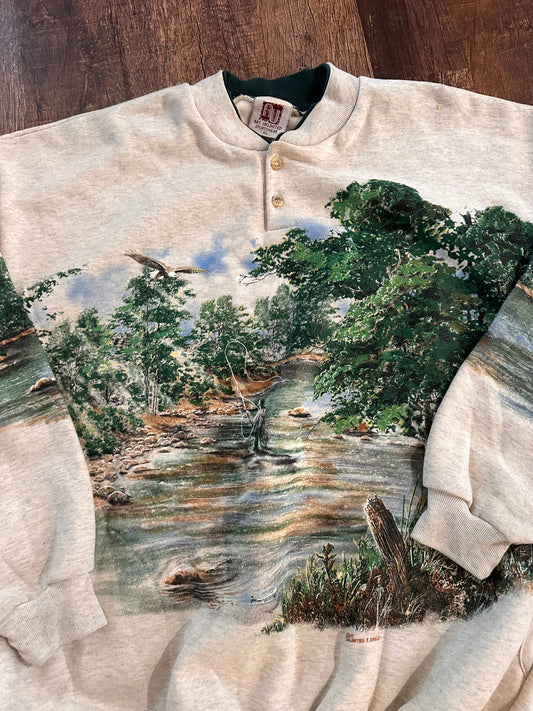Vintage Art Unlimited Henley Crewneck (XL) Fly Fishing Scene