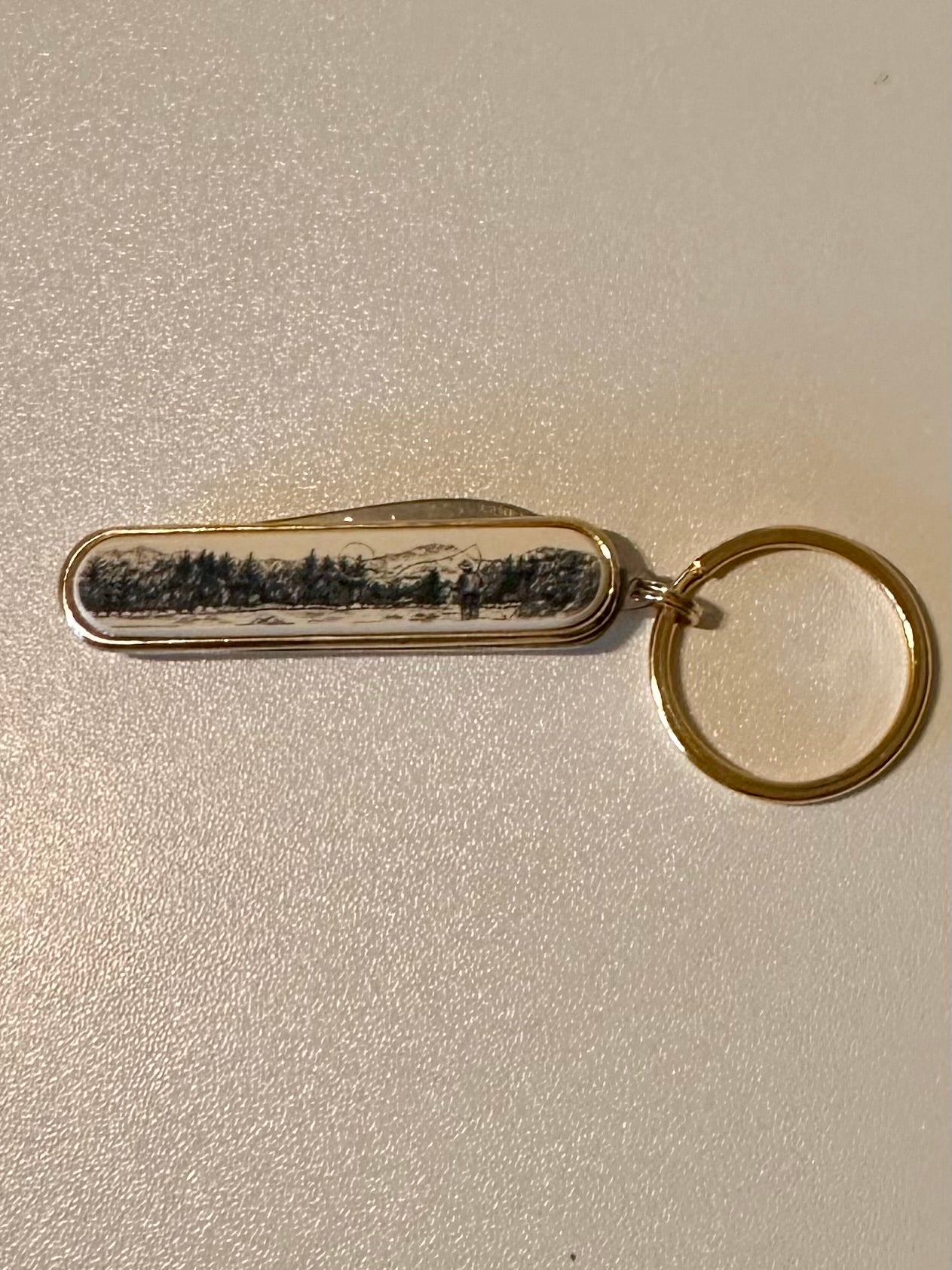 Vintage Barlow Keychain Pocket Knife Featuring Gold Tone Fly Fisherman Scene and Fly Lure (New in Box)