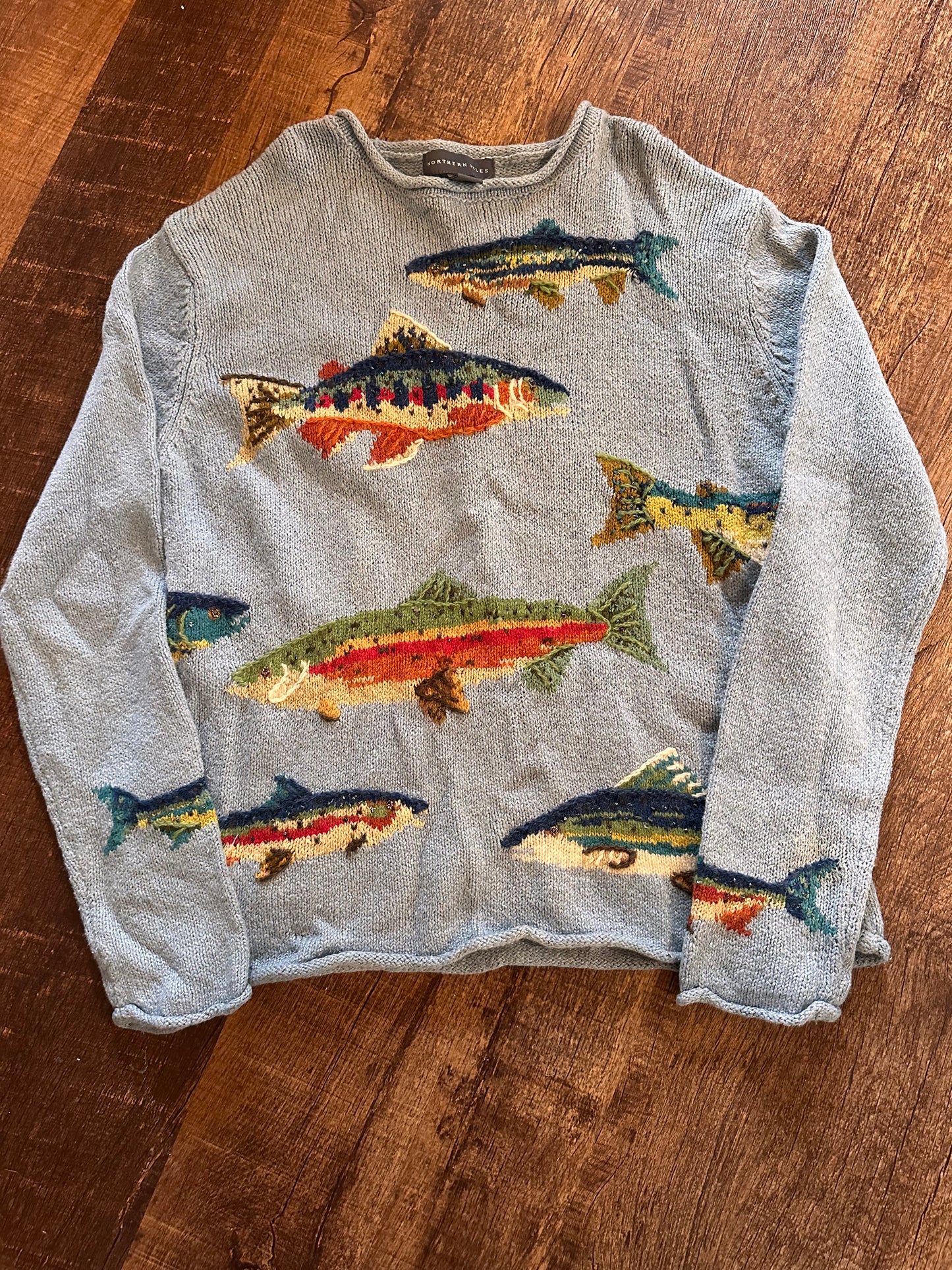 Vintage Rare Northern Isles Sweater (S) Hand Knit with Beading - Light Blue