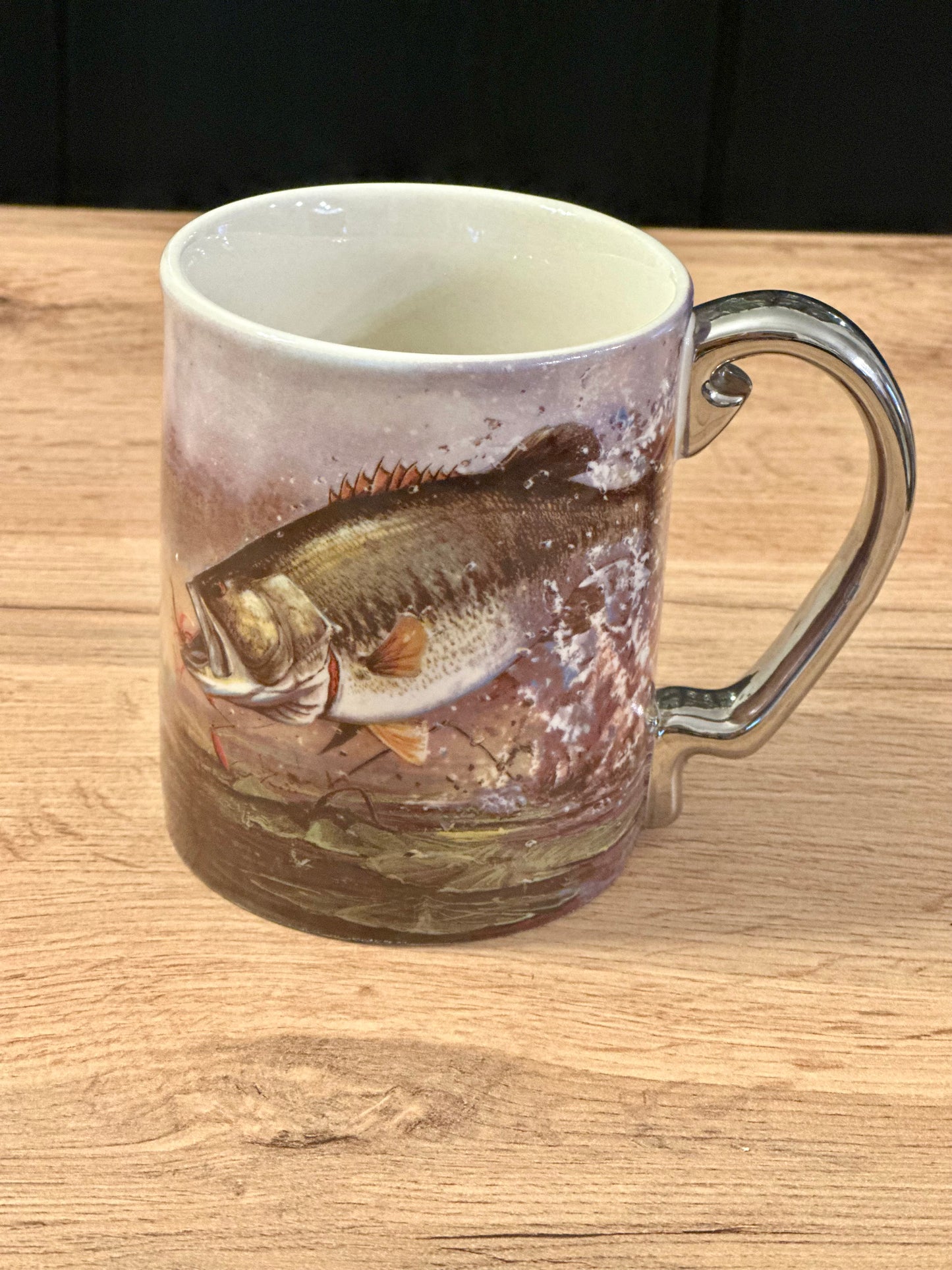 Vintage Rivers Edge Mug with Bass Fishing Scene with Silver Handle