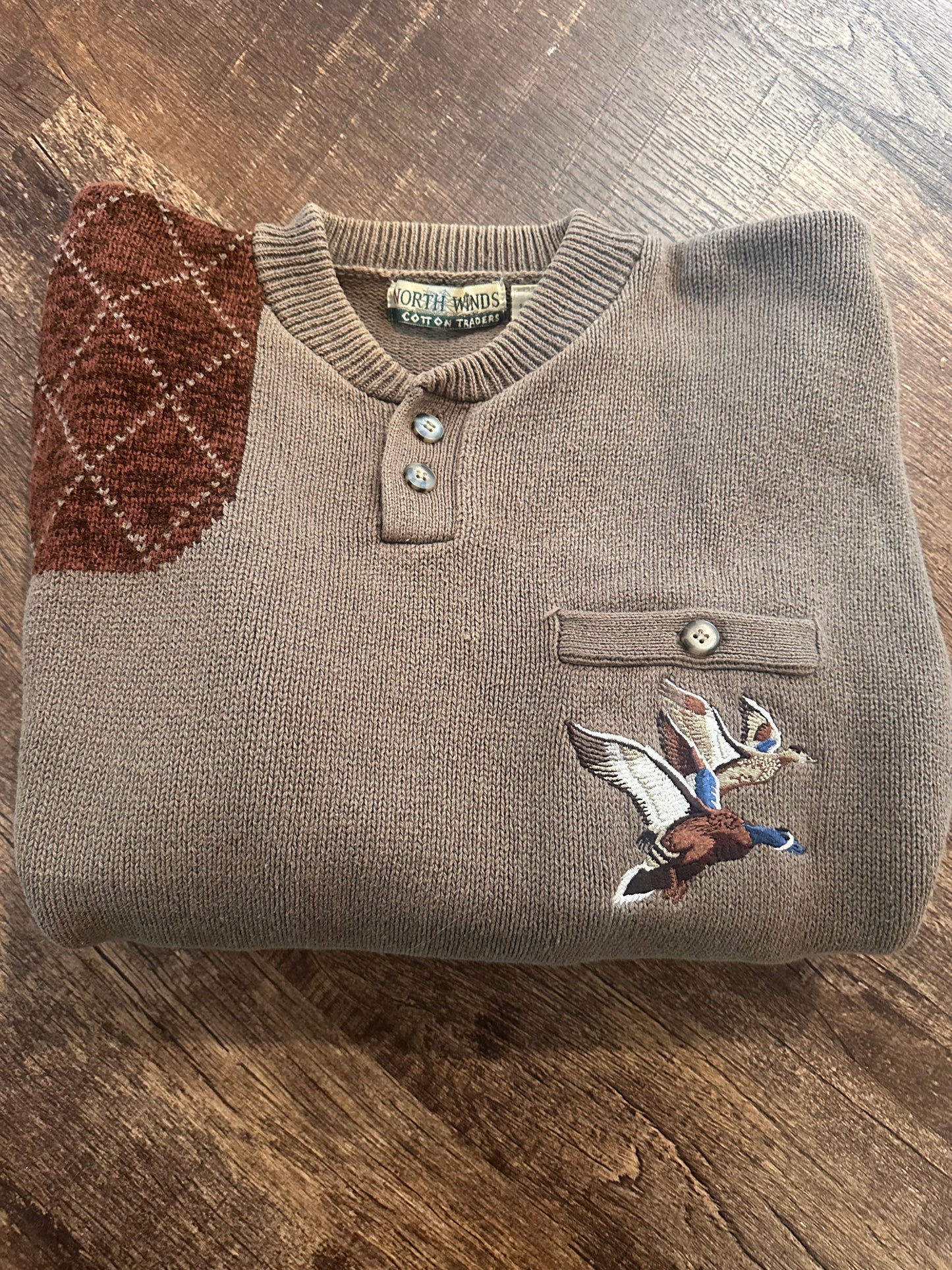 Vintage North Winds Cotton Traders Sweater (L) Embroidered Ducks and Textured Hunt Patches