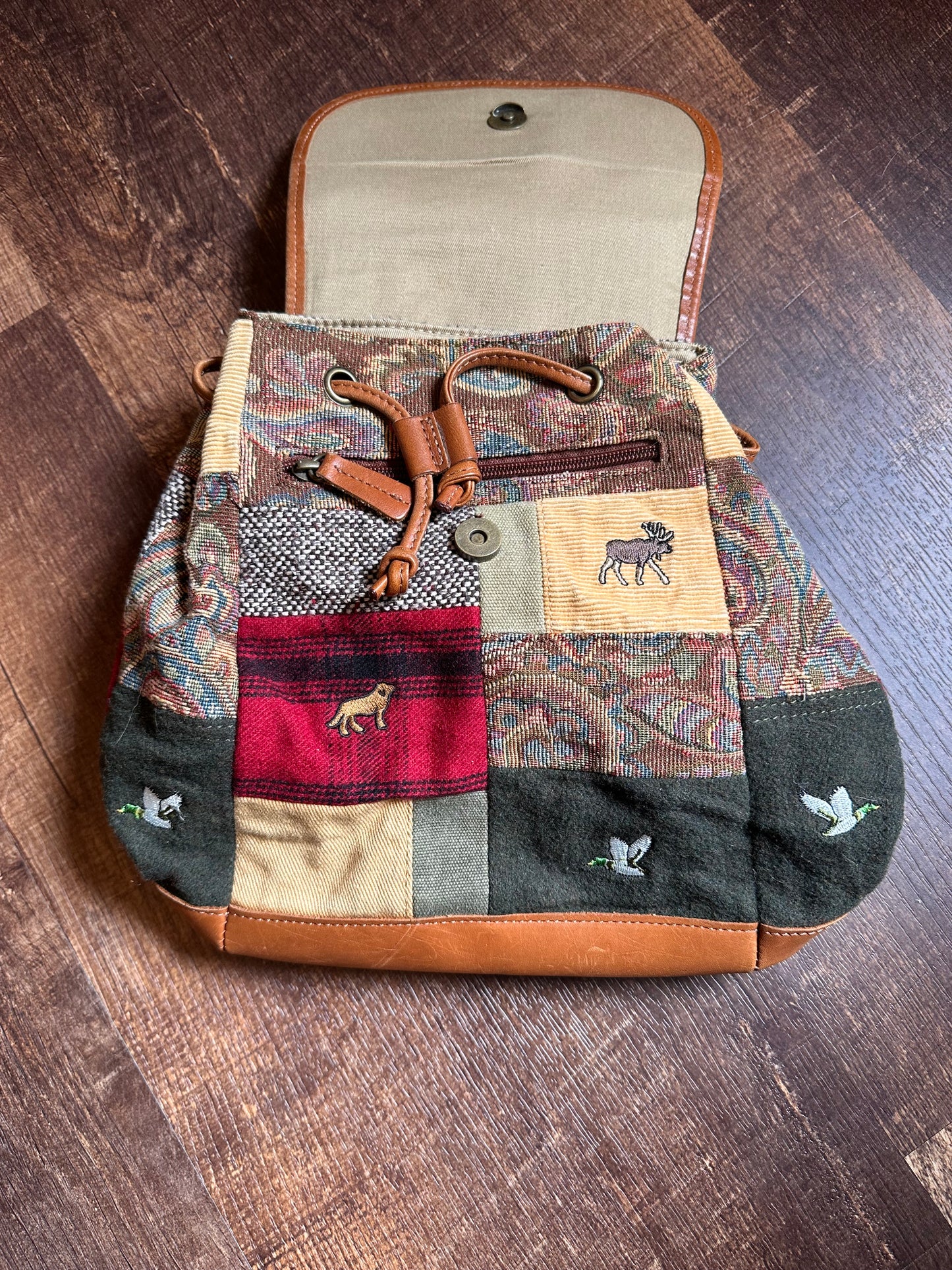 Vintage L.L. Bean Patchwork Mini Backpack - Embroidered Ducks, Dogs, Moose Motif