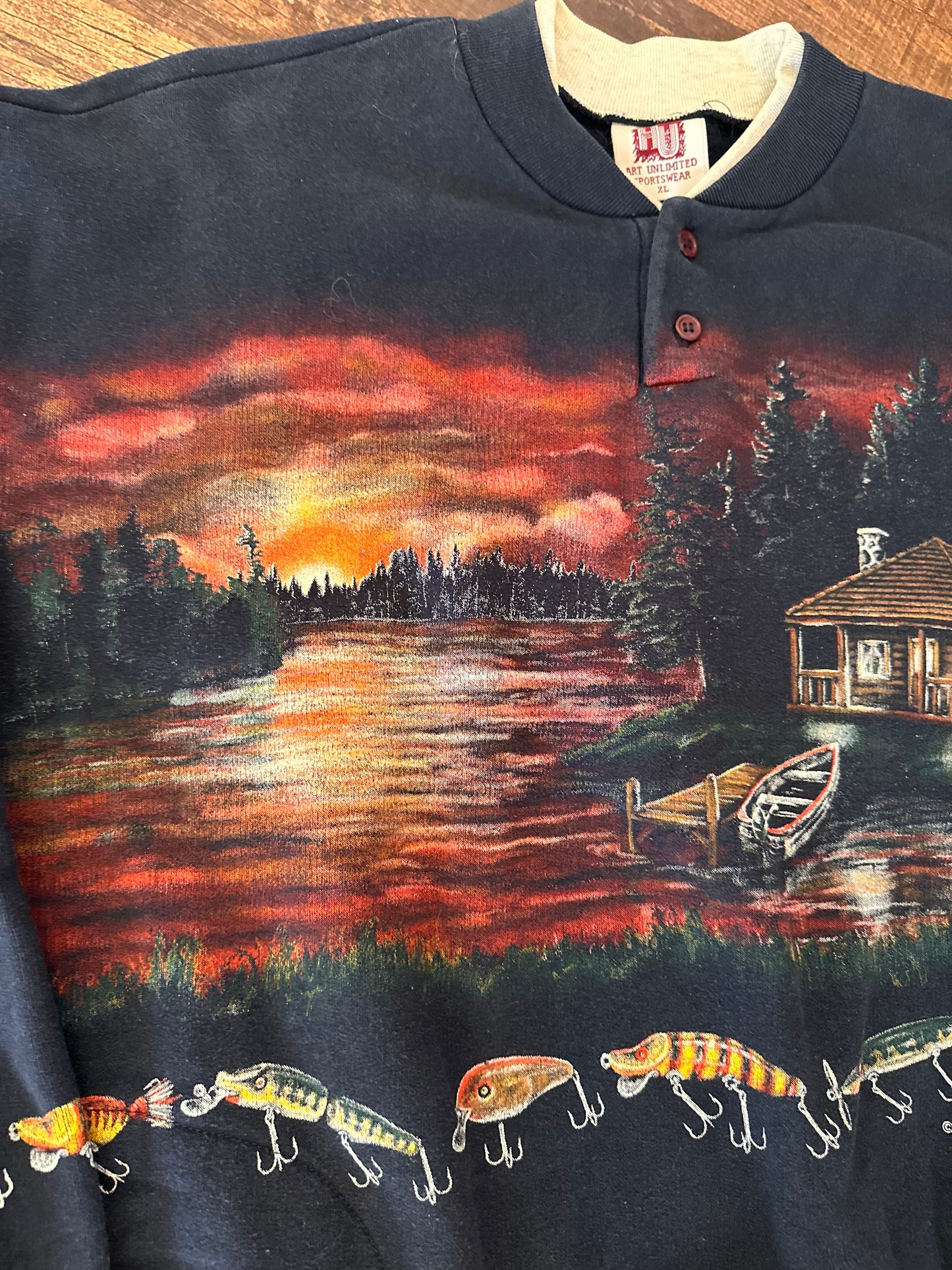 Vintage AU Art Unlimited Henley Crewneck (XL) Fishing Lures Cabin Boat Scene - Black