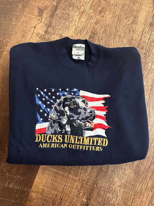 Vintage Ducks Unlimited Crewneck (XL) Embroidered Black Lab America - Navy