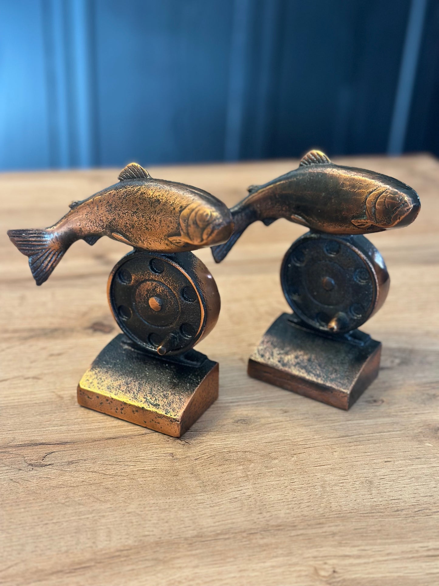 Vintage Trout Unlimited Bookends - Brass and Metal Fly Reel and Trout