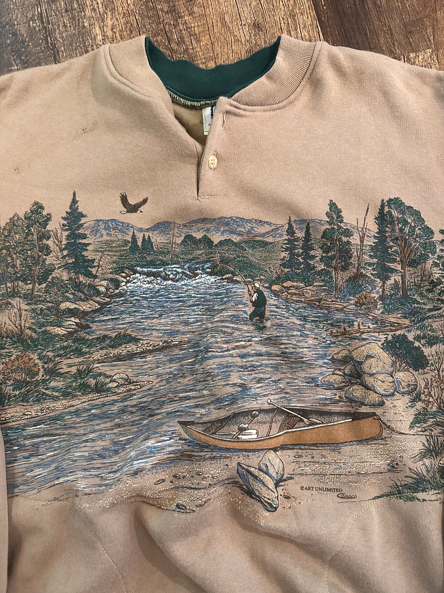 Vintage Art Unlimited Henley Crewneck (L) Fishing Scene