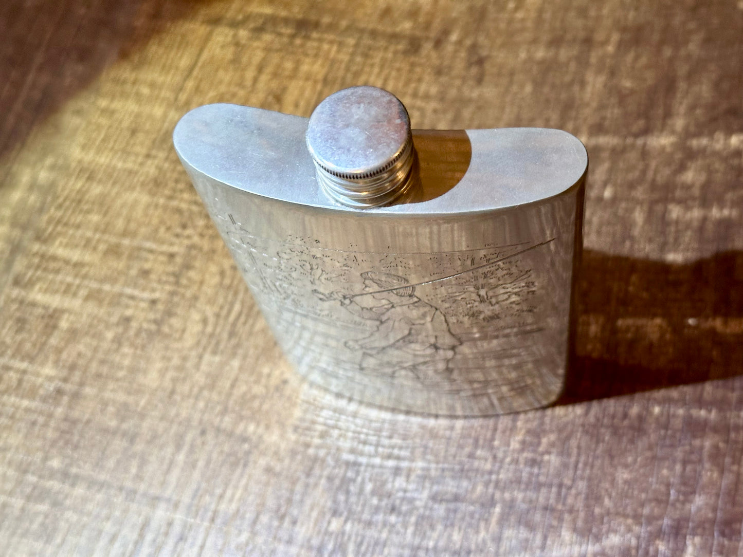 Vintage Comoy’s Pewter English Flask - Engraved Fly Fishing Scenes