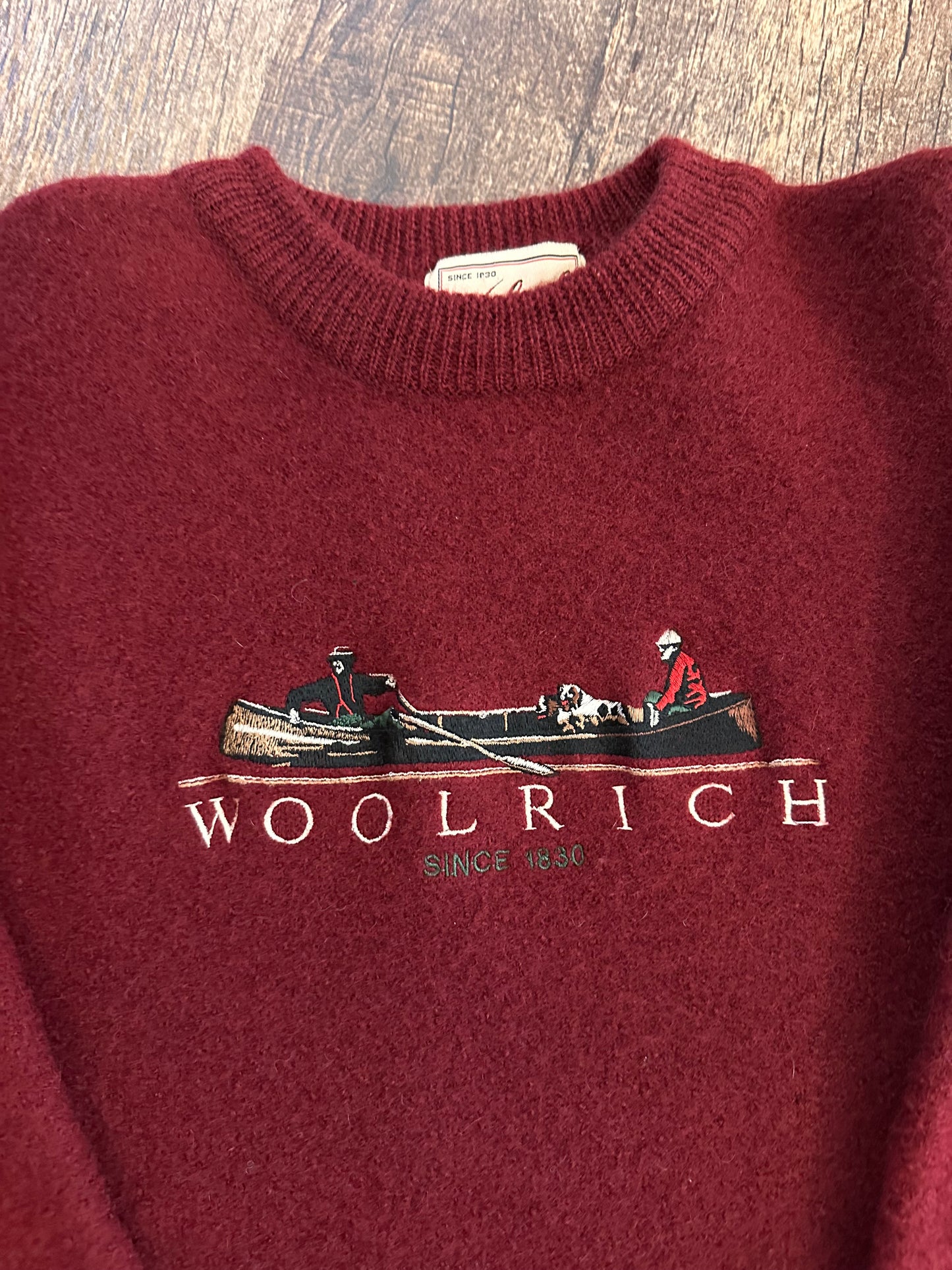 Vintage Woolrich Sweater (XL) Embroidered Fishermen Boat Scene - Maroon (Pure Wool)