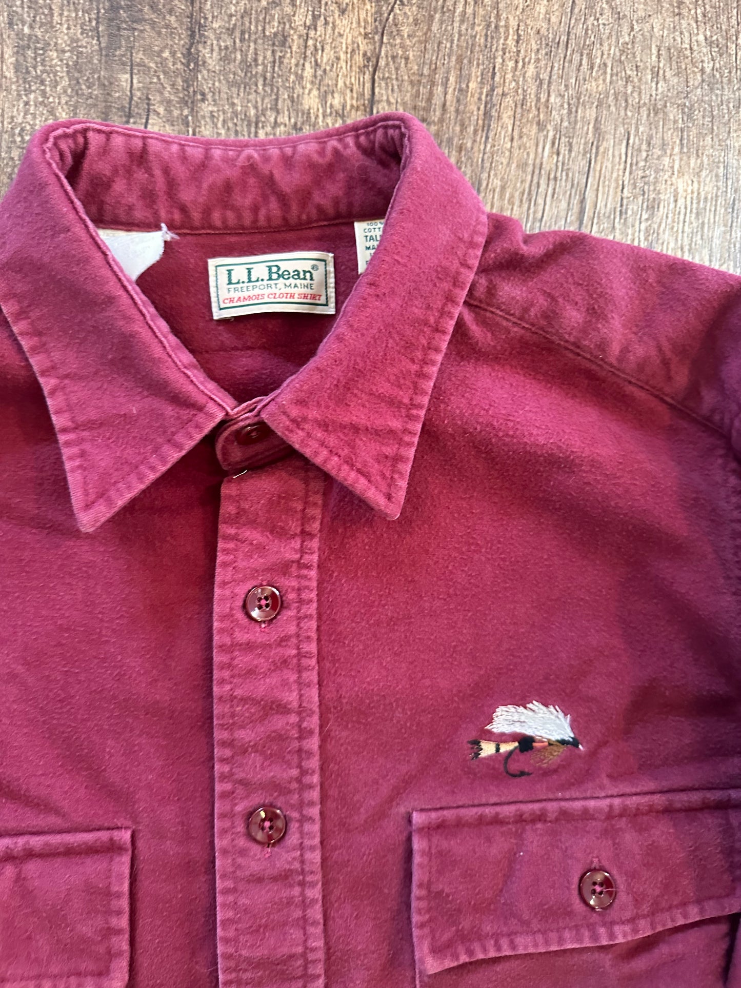 Vintage L.L. Bean Chamois (16 Tall) Embroidered Fly - Red