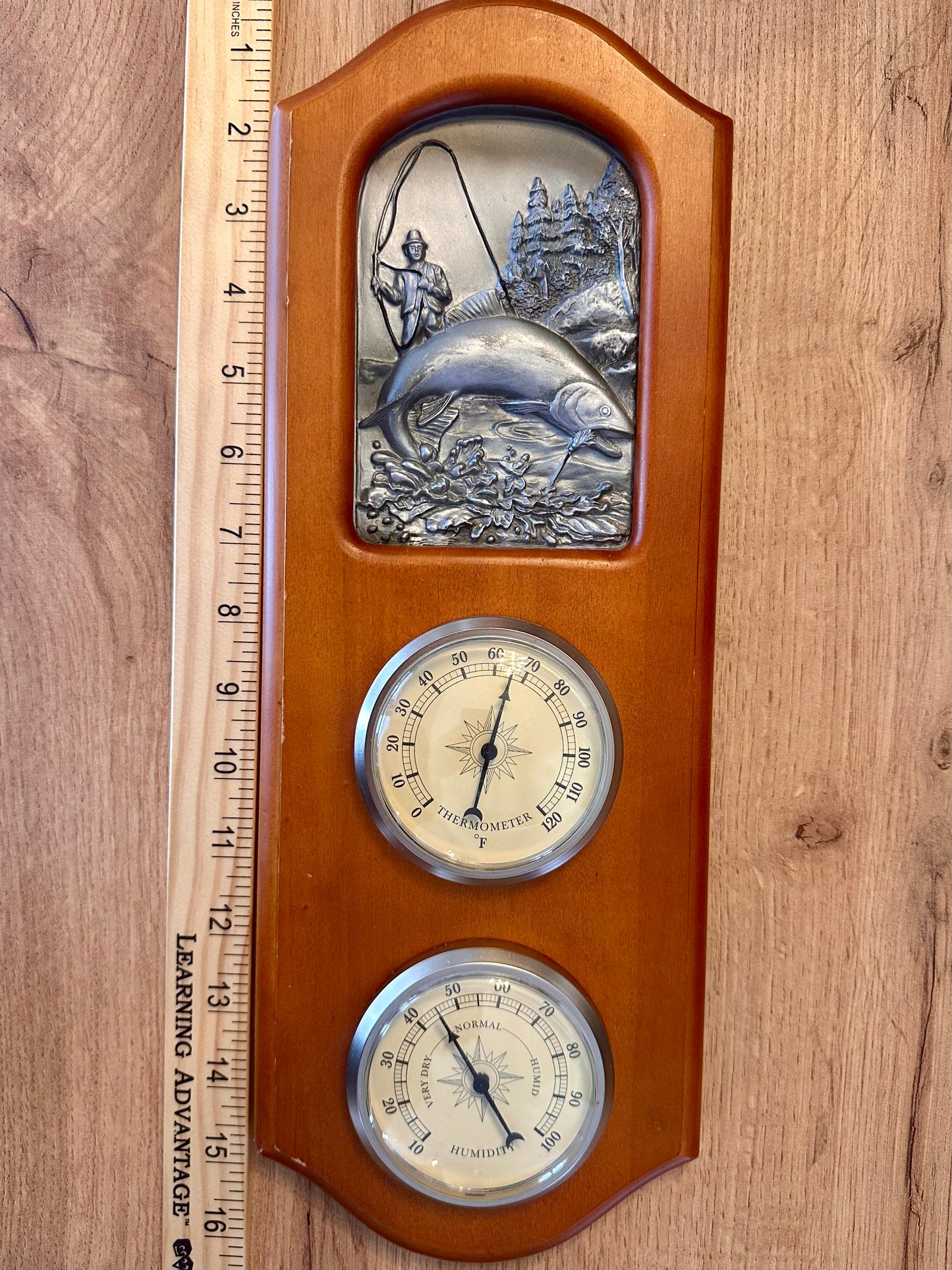 Vintage Thermometer and Hygrometer Weatherstation Featuring Fisherman and Trout in Mountains Scene