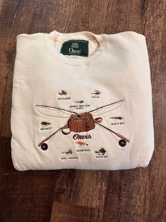 Vintage Orvis Crewneck (L) Embroidered Creel and Flies - Cream / Off white