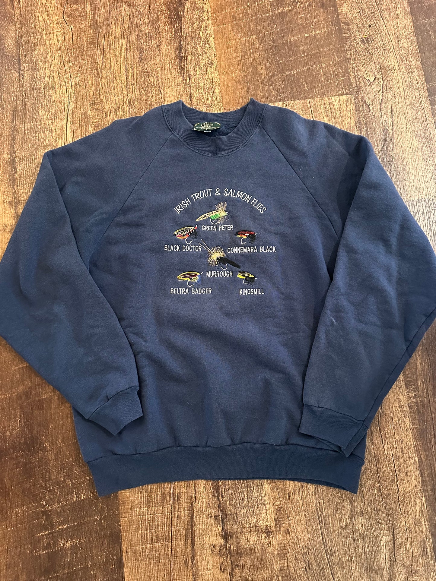 Vintage Celtic Creations Crewneck (L) Embroidered Trout and Salmon Flies - Navy