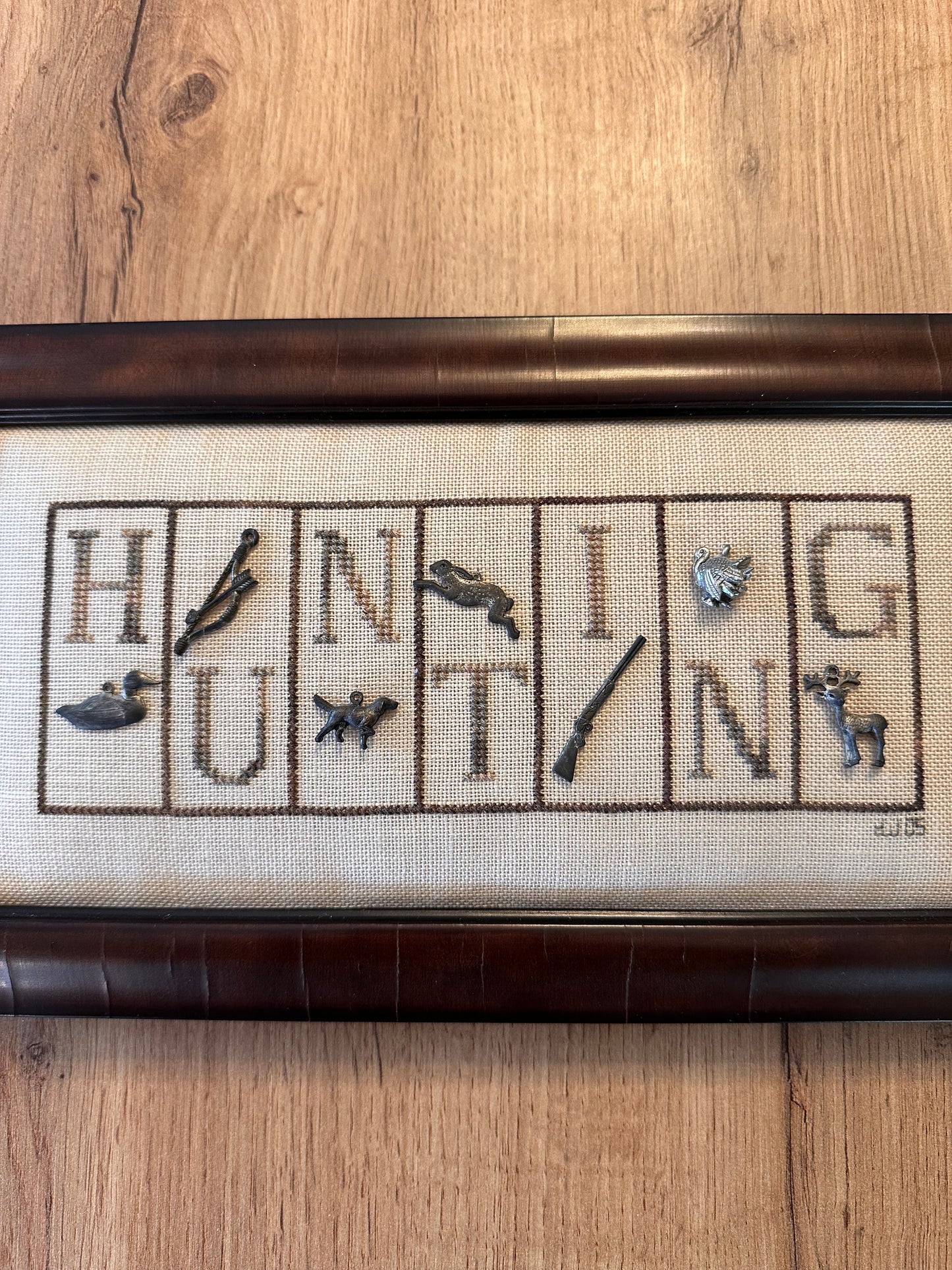 Vintage Framed Hunting Cross Stitch with Charms