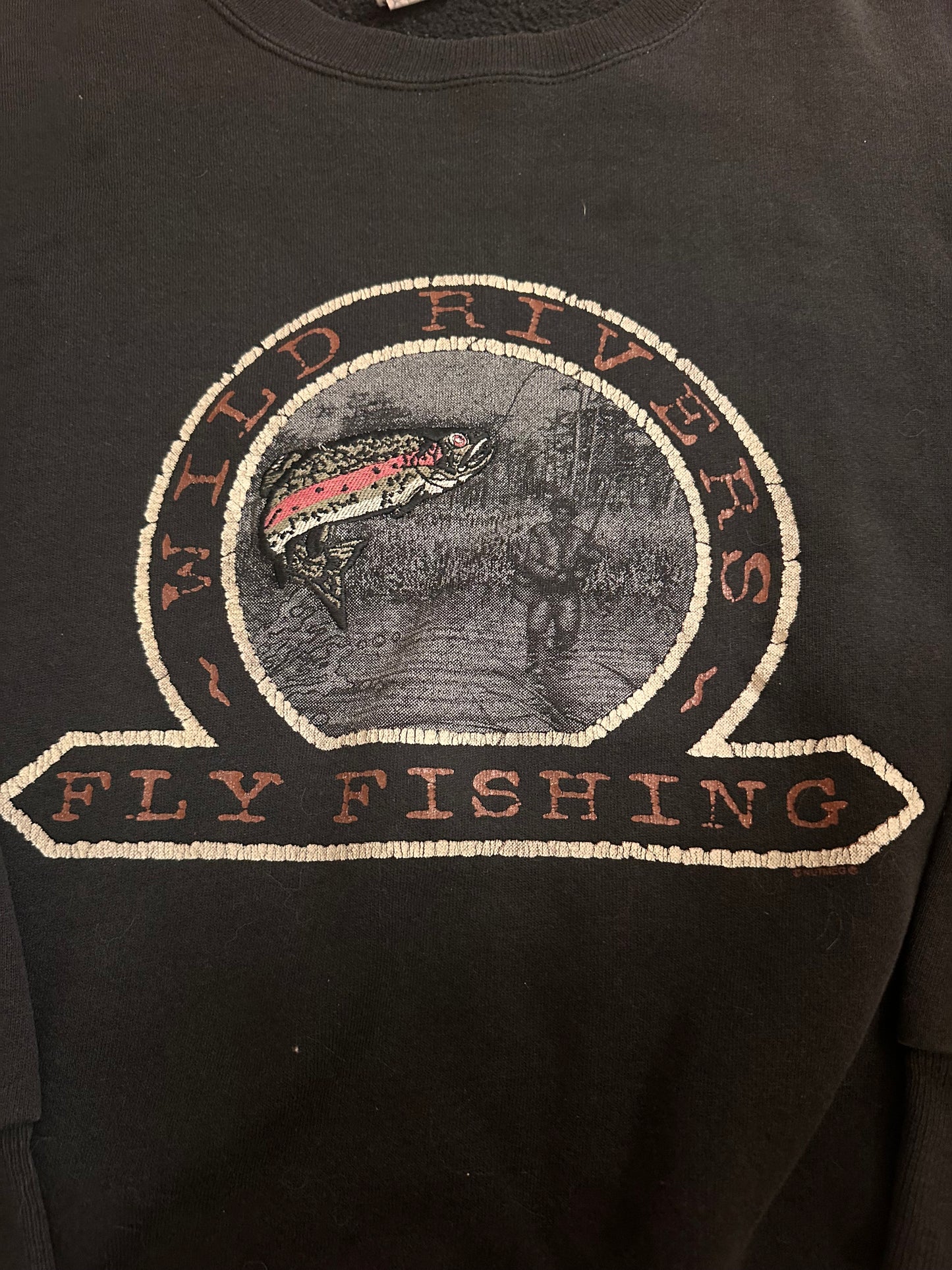 Vintage Nutmeg Crewneck (L) Nature Wild Rivers Embroidered Trout - Black
