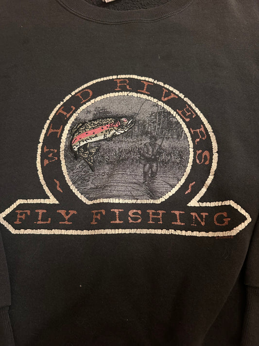 Vintage Nutmeg Crewneck (L) Nature Wild Rivers Embroidered Trout - Black