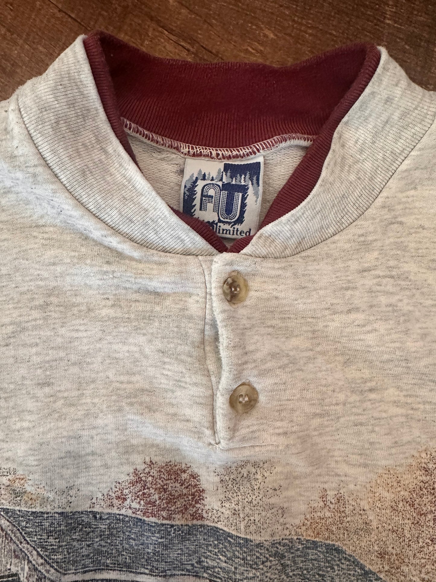 Vintage AU Art Unlimited Henley Crewneck (L) Bridge Fisherman Scene