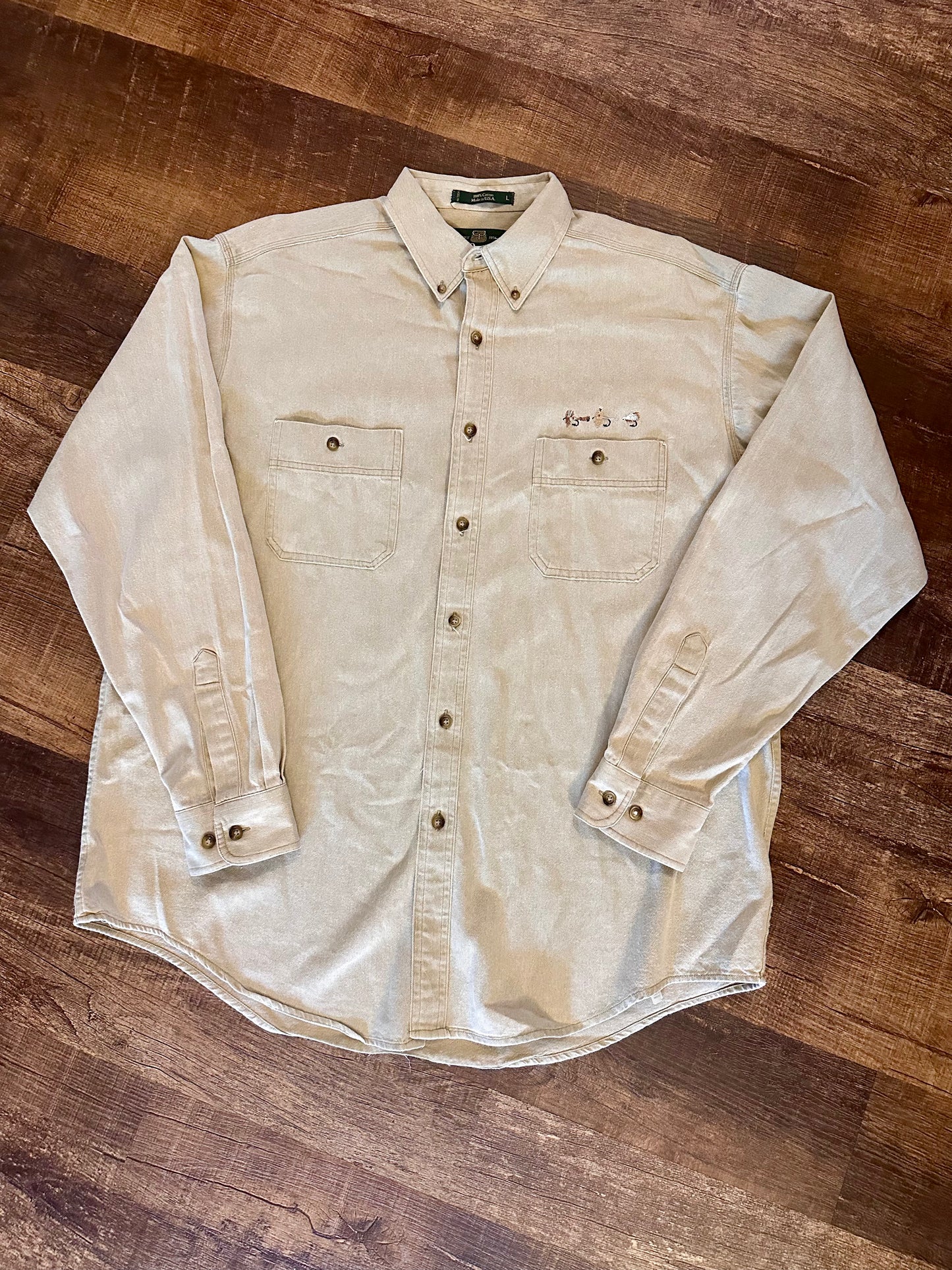 Vintage Orvis Button Down (L) Embroidered Fly Lures - Beige Gray