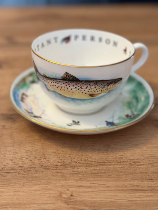 Rare Vintage Royal Worcester Cup and Saucer “To A Very Important Person” Trout and Fly Fishing Scenes